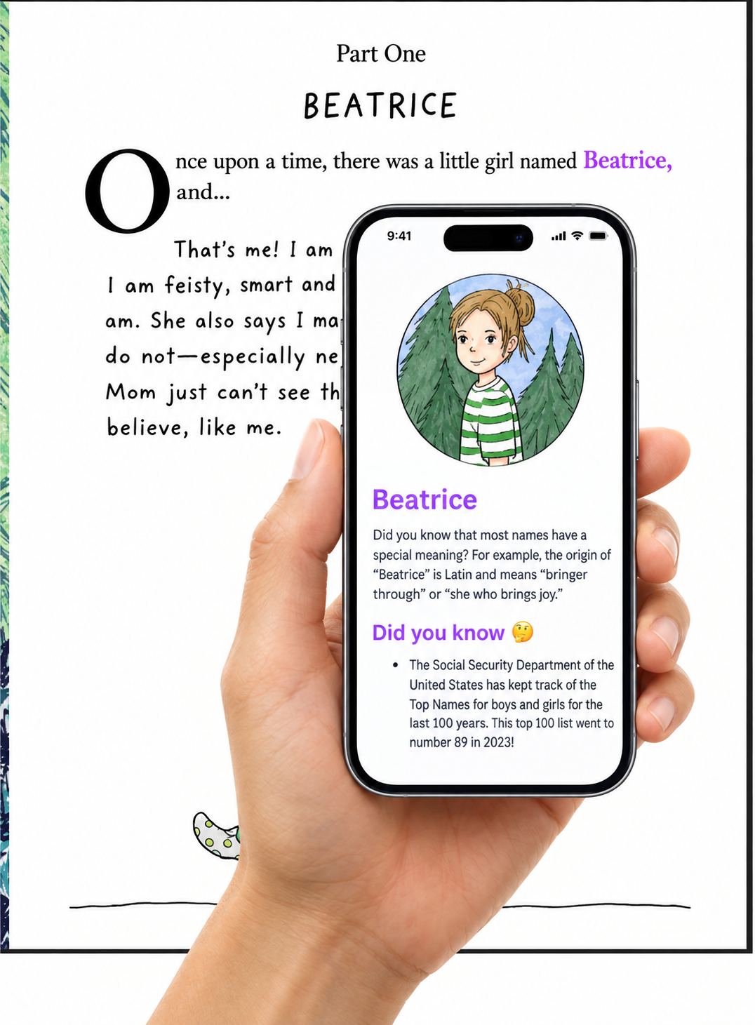 A hand holding a phone over a printed page from the book Bea. The page shows the Magic Word Beatrice, and the phone screen shows the illustrated character and the content that opens.